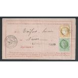 France 1873 Notice of Receipt of a registered letter franked 5c and 15c, the inside bearing various