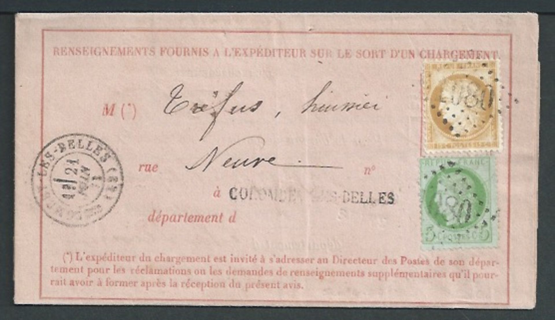 France 1873 Notice of Receipt of a registered letter franked 5c and 15c, the inside bearing various