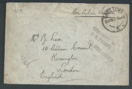 South Africa 1917 Stampless O.A.S. cover posted by a soldier on the troopship "Port Lincoln" with l