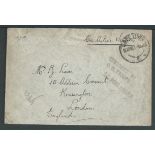 South Africa 1917 Stampless O.A.S. cover posted by a soldier on the troopship "Port Lincoln" with l