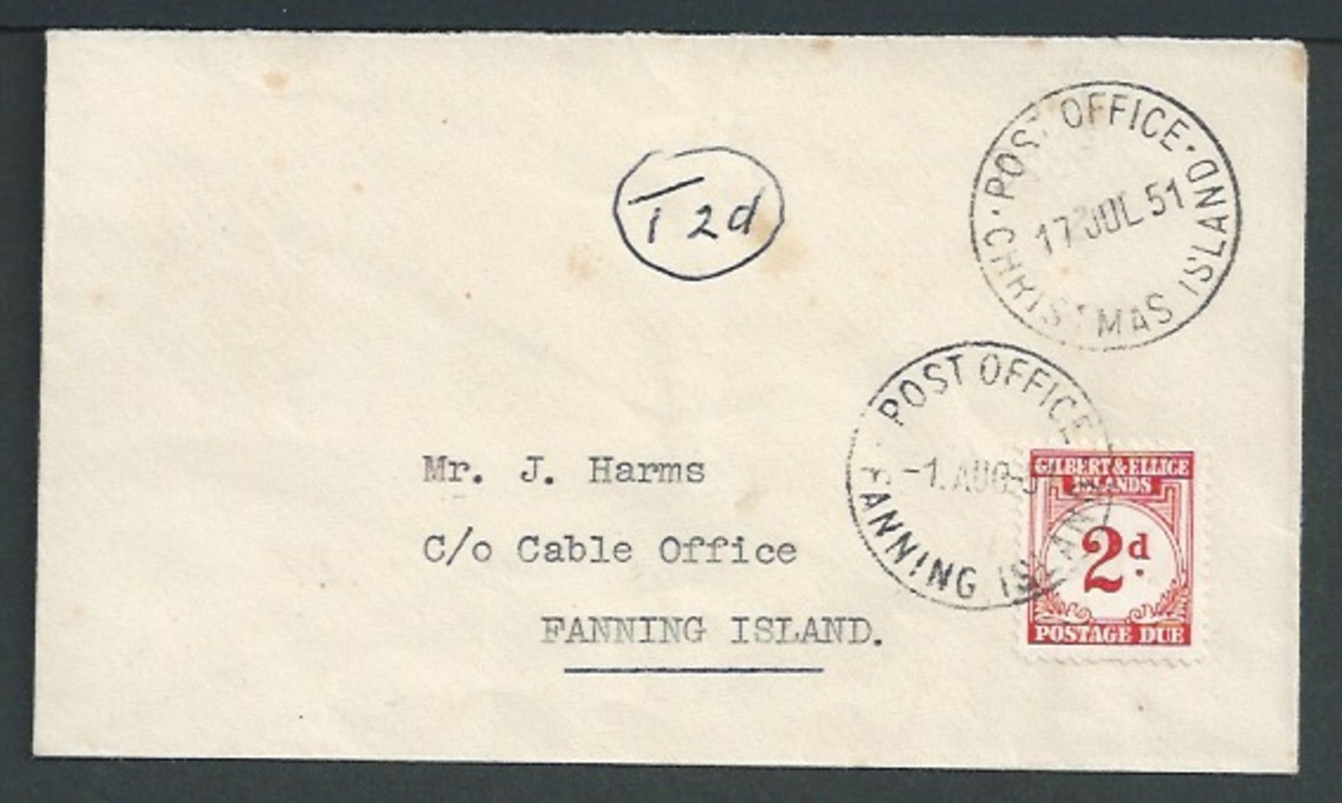 Gilbert & Ellice Islands 1951 Stampless cover ("Cable & Wireless Ltd" embossed on the flap) posted