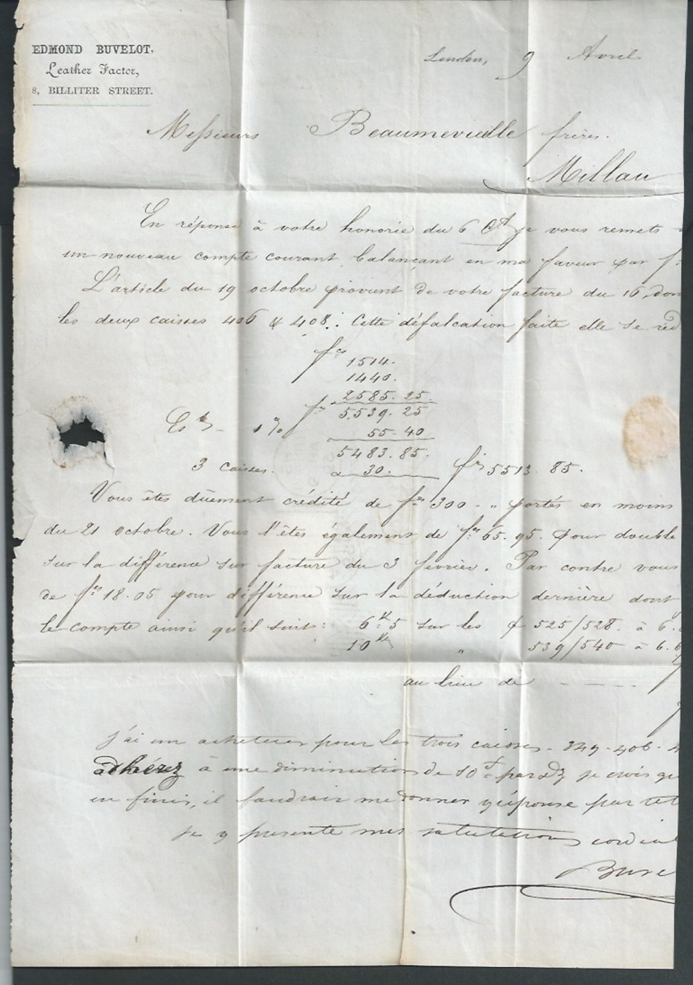 G.B. - Machines 1866 Entire letter to France franked 4d pair cancelled by Rideout machine duplex wit - Image 3 of 4