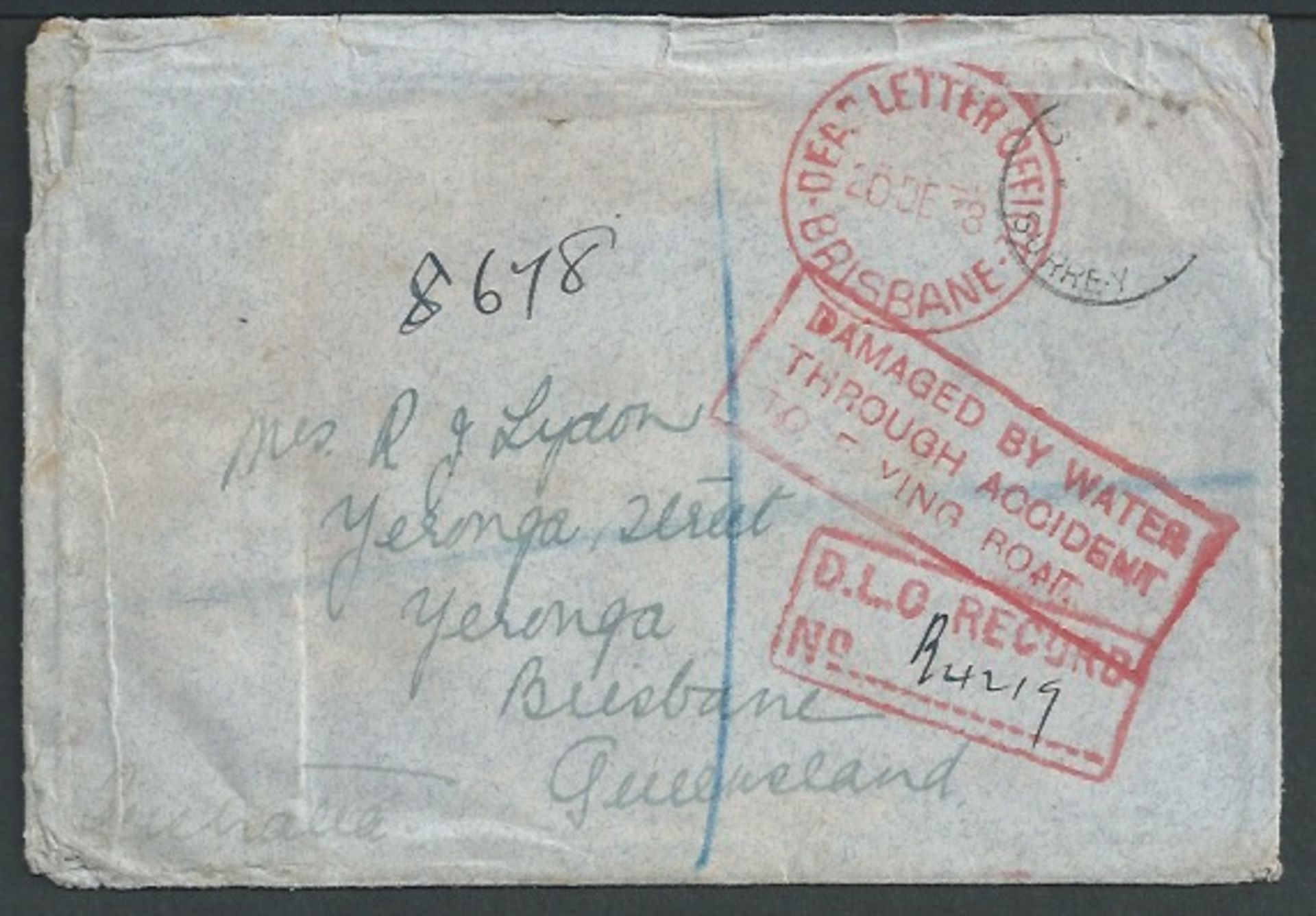 Australia/Crash Mail 1938 (Nov. 23) Registered Cover from England to Australia, recorded from the fl
