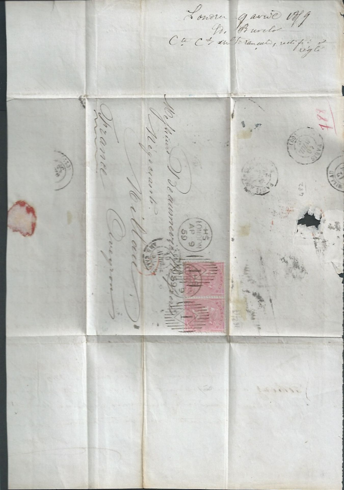 G.B. - Machines 1866 Entire letter to France franked 4d pair cancelled by Rideout machine duplex wit - Image 4 of 4