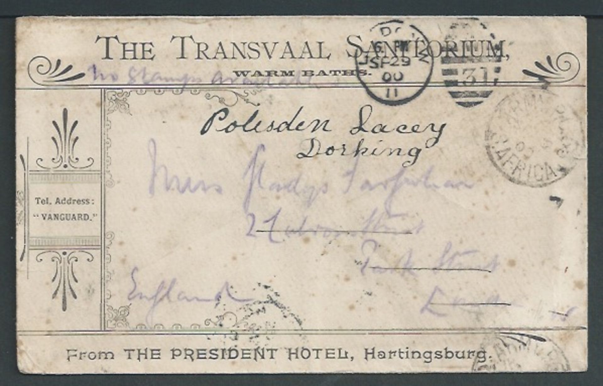 Boer War 1900 Stampless OAS cover from Army P.O. to UK advertising the Transvaal Sanitorium. Warm b