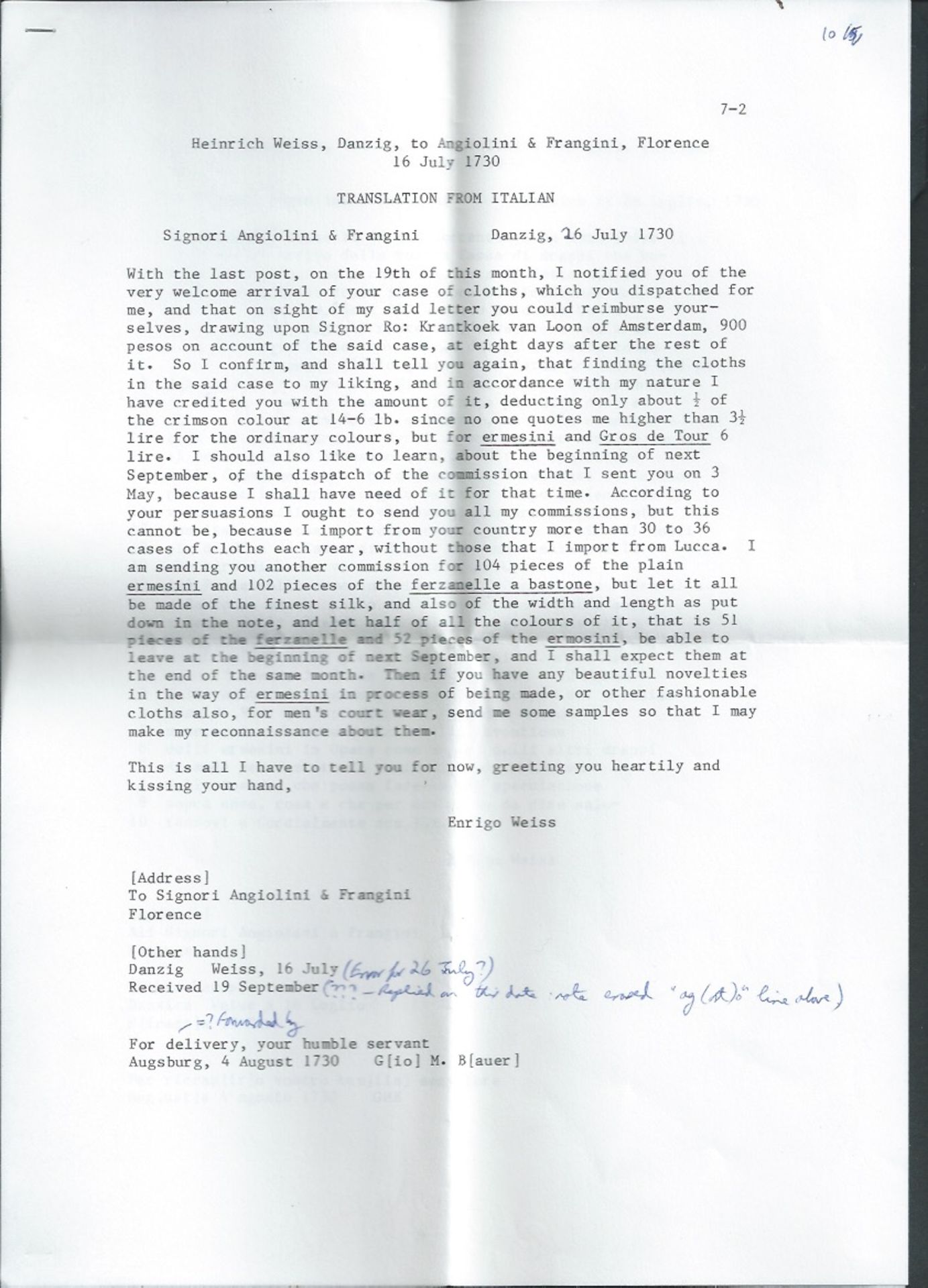 Danzig/Forwarding Agents 1730 (26th July) Entire Letter in fine condition sent from "Danzig" to Flo - Image 6 of 7