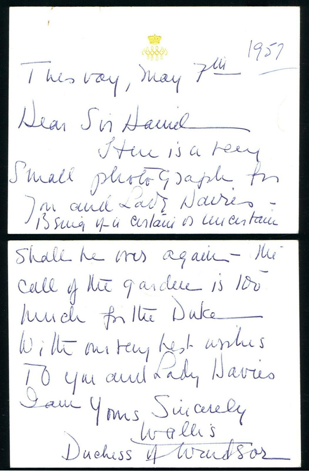 Royalty Duchess Of Windsor (Wallis Simpson) Two Embossed Cards Handwritten In Biro Note From The Duc - Image 2 of 4