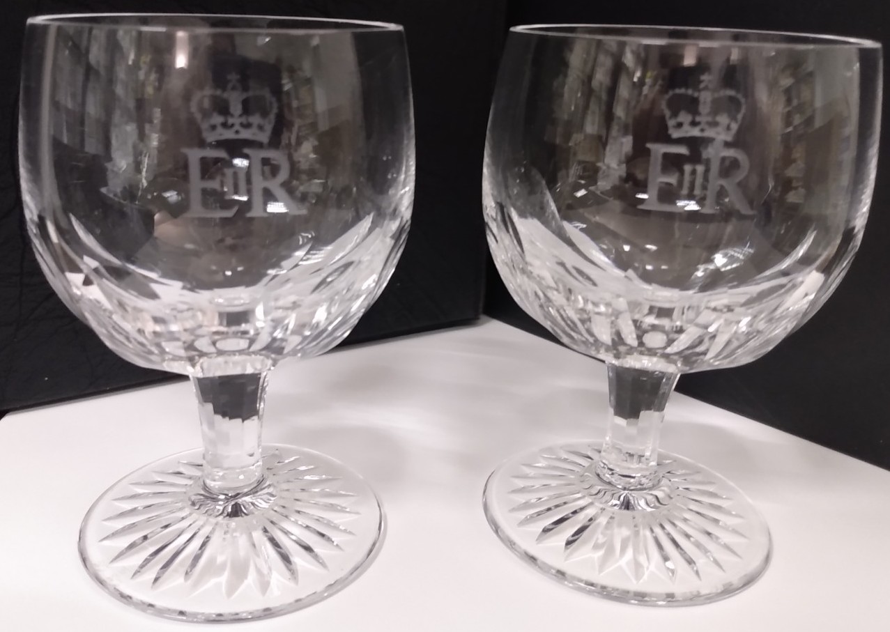 Royalty Pair Of Wine / Cocktail Goblets E2R Superb Pair Of Goblets With Crown And Eiir Etchings. C