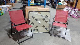 4 Items Ð 2 X Toughed Glass Patio Table (with Fixings) & 2 X Red Mesh Foldable Chairs Ð New