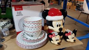 Disney set Ð 1 X Porcelain Mickey 12 Piece Dinner Set, 1 X Large Mickey Cookie Jar & 2 X Minn...