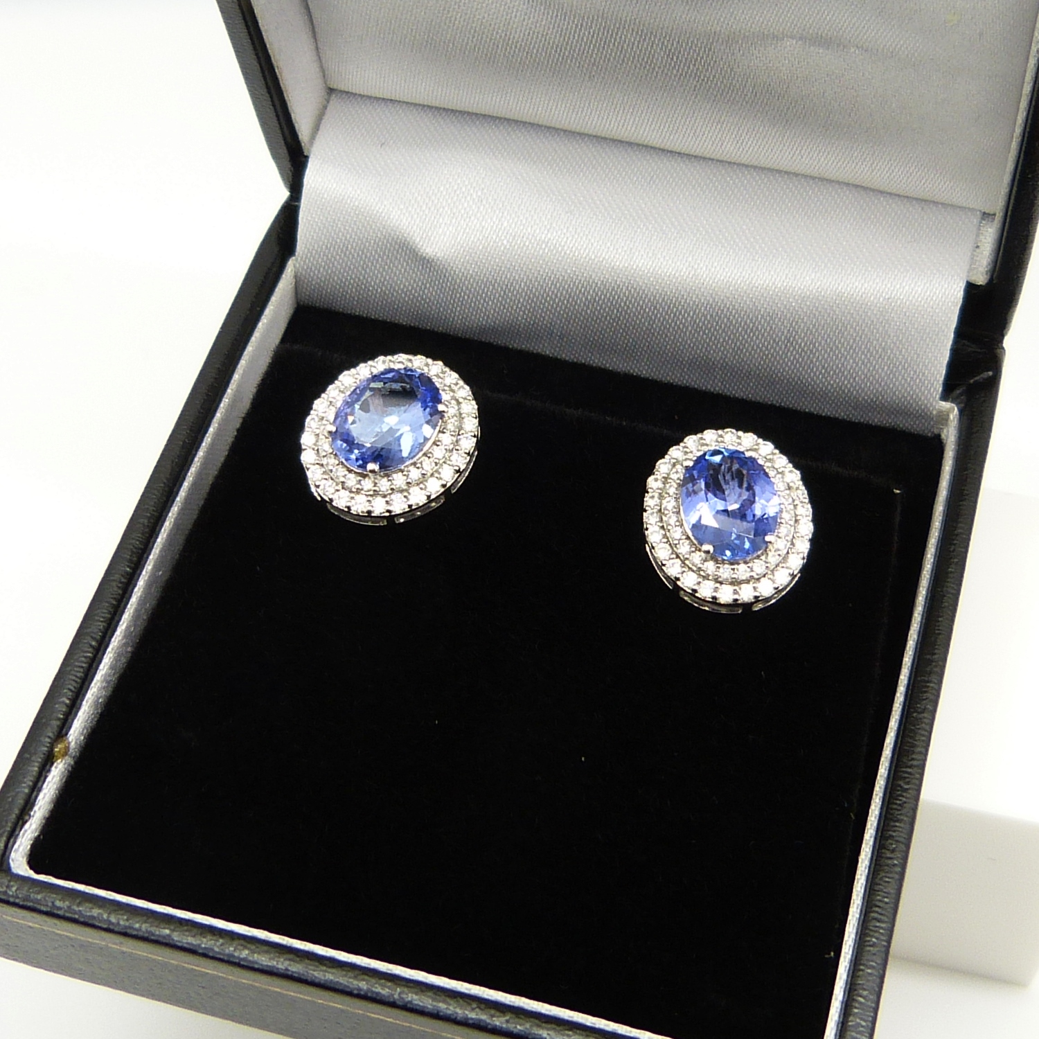 18ct white gold tanzanite and double diamond halo ear studs with screw backs, boxed. - Image 5 of 6