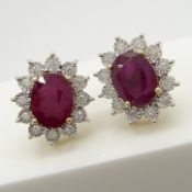 Ruby and diamond cluster stud earrings in 9ct yellow gold, boxed.