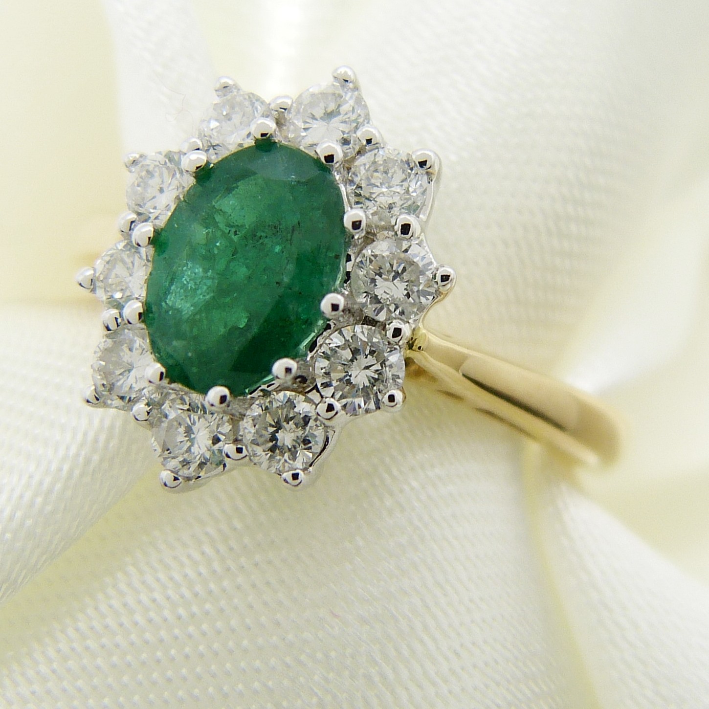 18ct yellow gold oval-cut emerald and round brilliant-cut diamond cluster ring. - Image 2 of 5