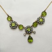 Vintage-style peridot, seed pearl and diamond necklace, boxed.