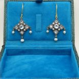Drop earrings set with blue topaz, pearls and seed pearls in an Edwardian style, with stylish box.