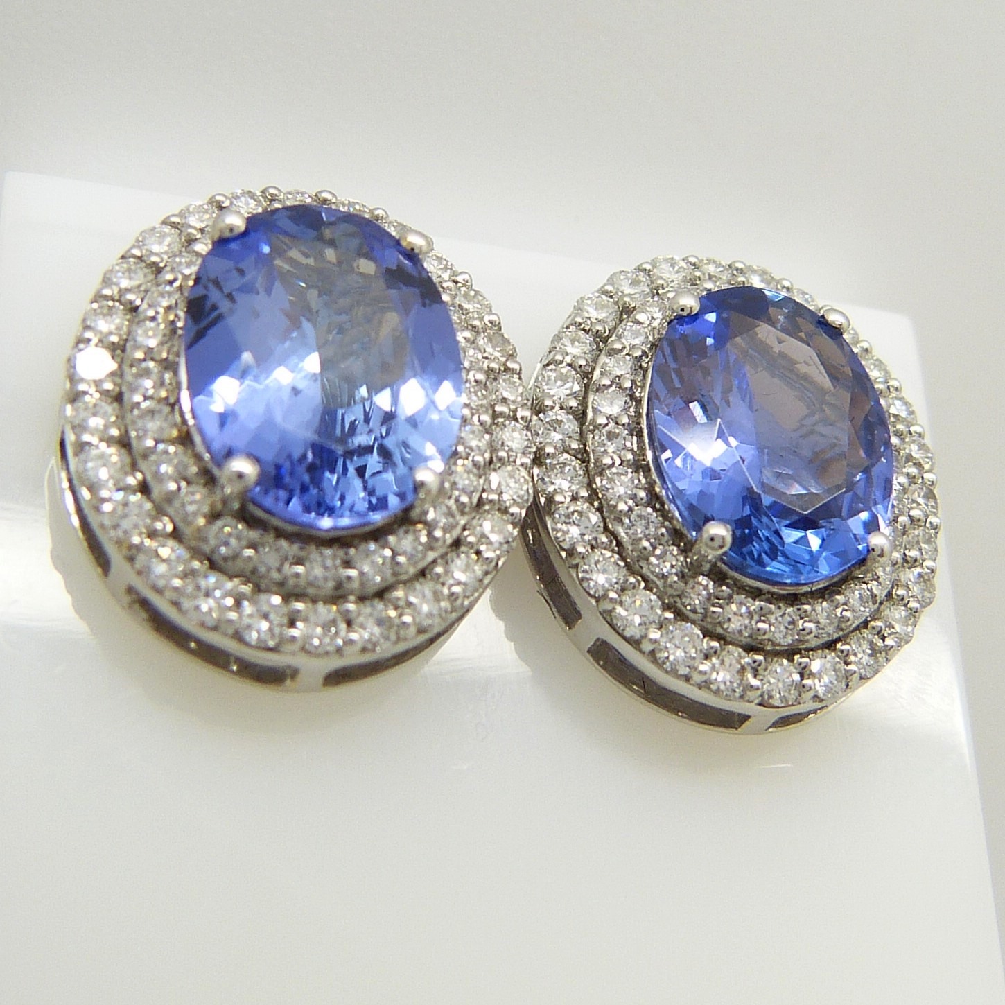 18ct white gold tanzanite and double diamond halo ear studs with screw backs, boxed. - Image 4 of 6