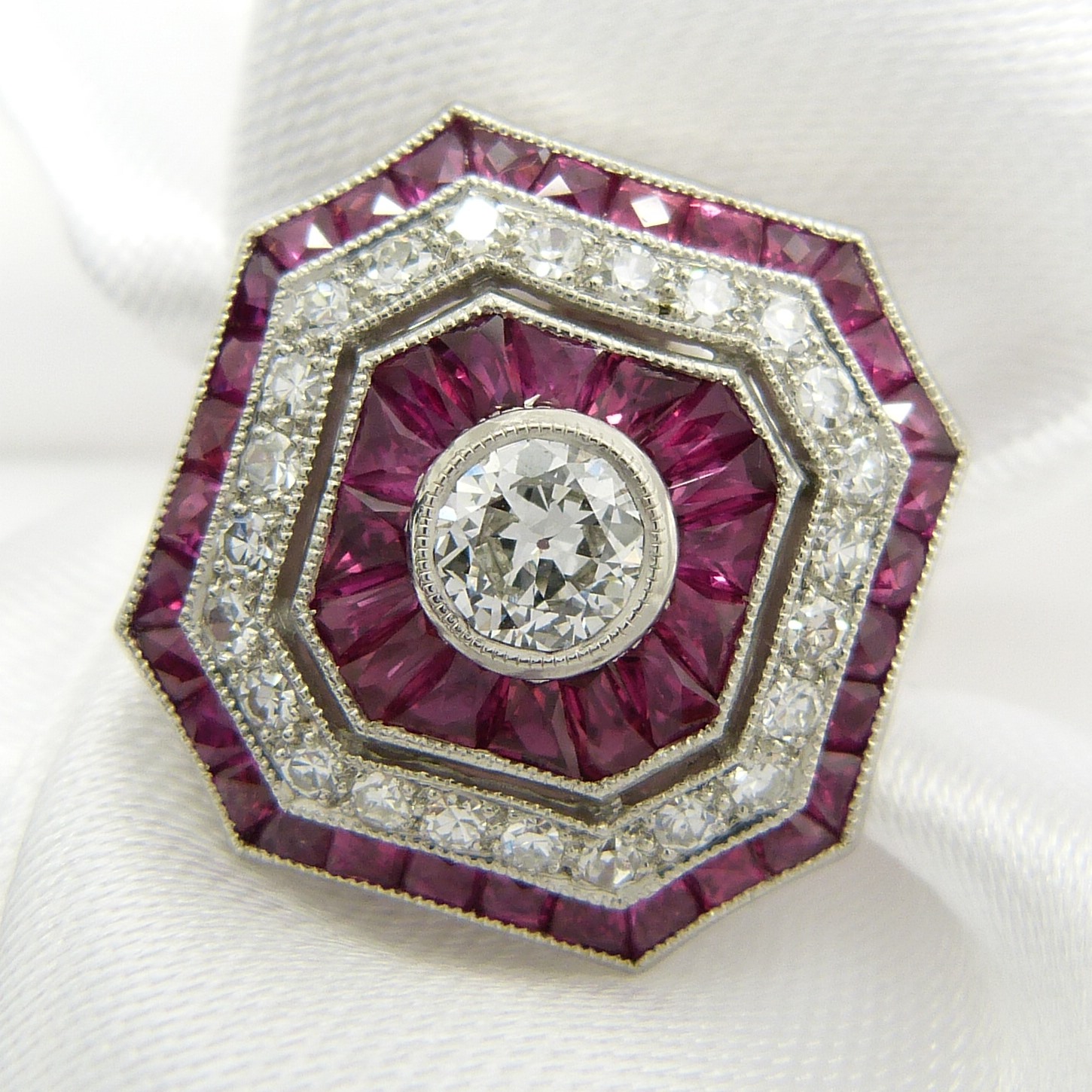 Old-cut diamond and ruby Victorian-style octagonal dress ring, in platinum. - Image 2 of 6