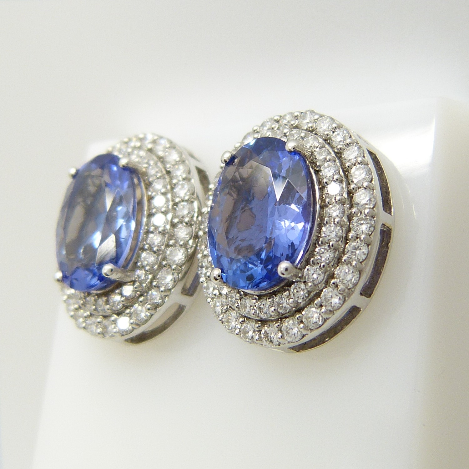 18ct white gold tanzanite and double diamond halo ear studs with screw backs, boxed. - Image 3 of 6