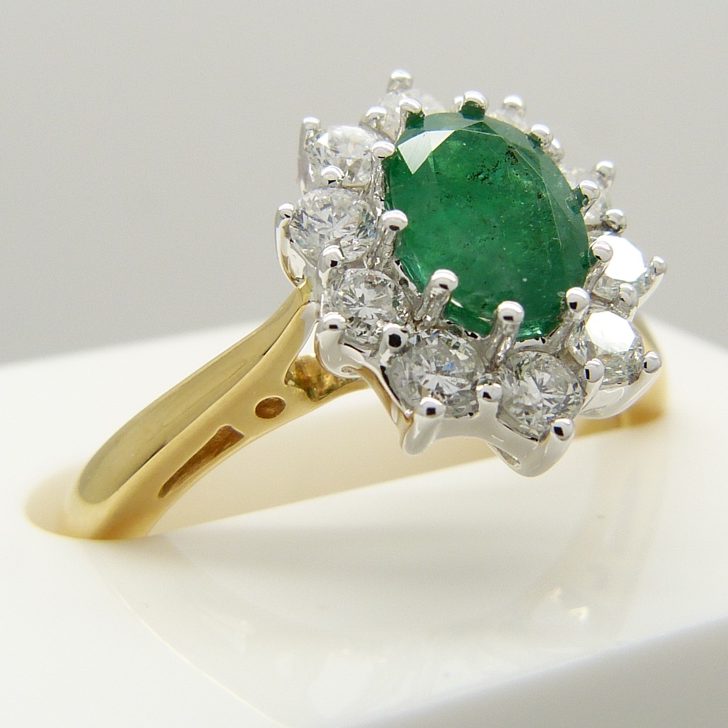18ct yellow gold oval-cut emerald and round brilliant-cut diamond cluster ring. - Image 3 of 5