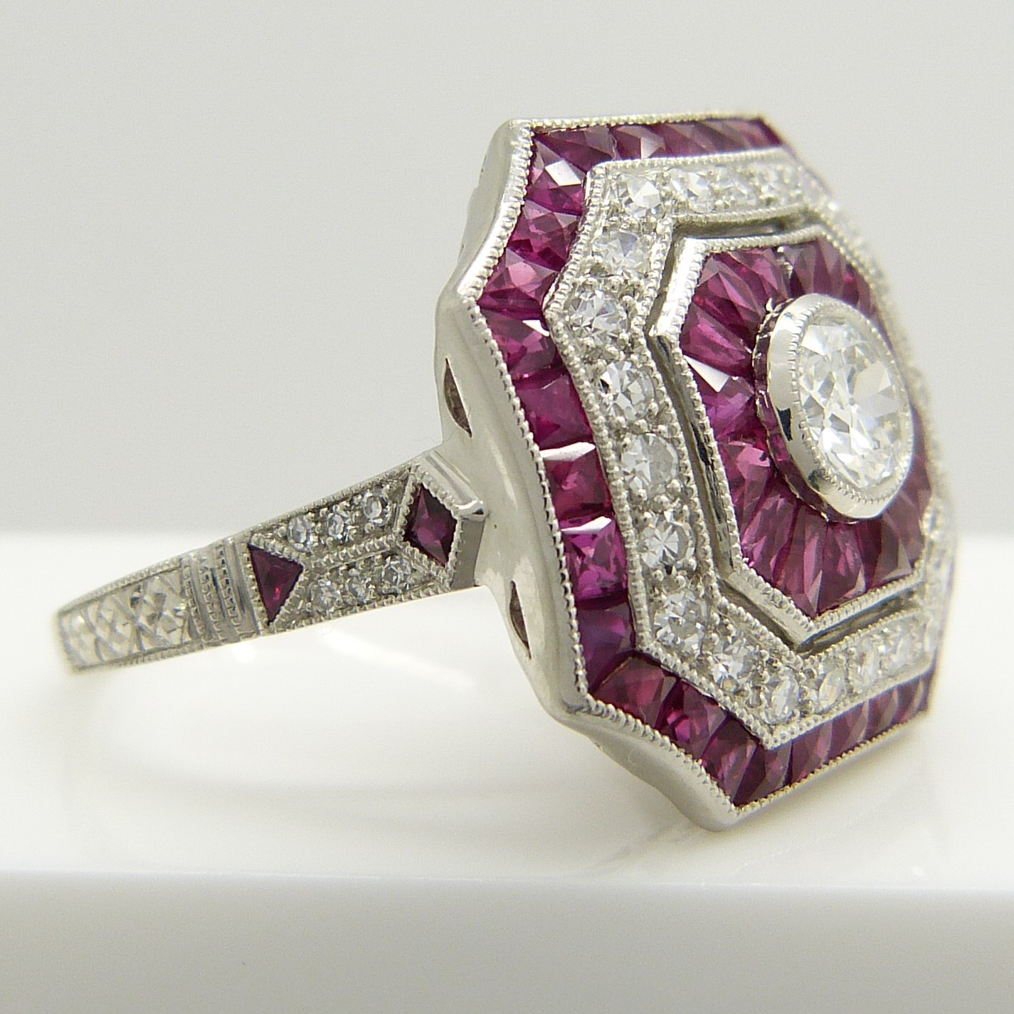 Old-cut diamond and ruby Victorian-style octagonal dress ring, in platinum. - Image 3 of 6