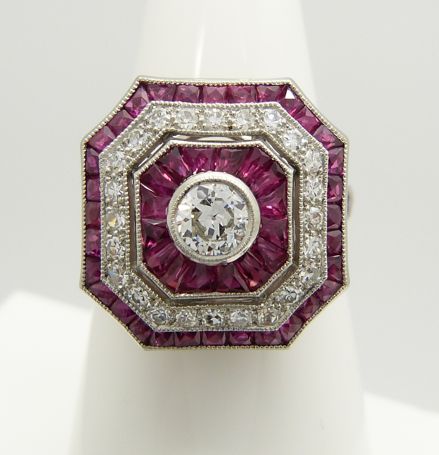 Old-cut diamond and ruby Victorian-style octagonal dress ring, in platinum.