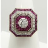 Old-cut diamond and ruby Victorian-style octagonal dress ring, in platinum.