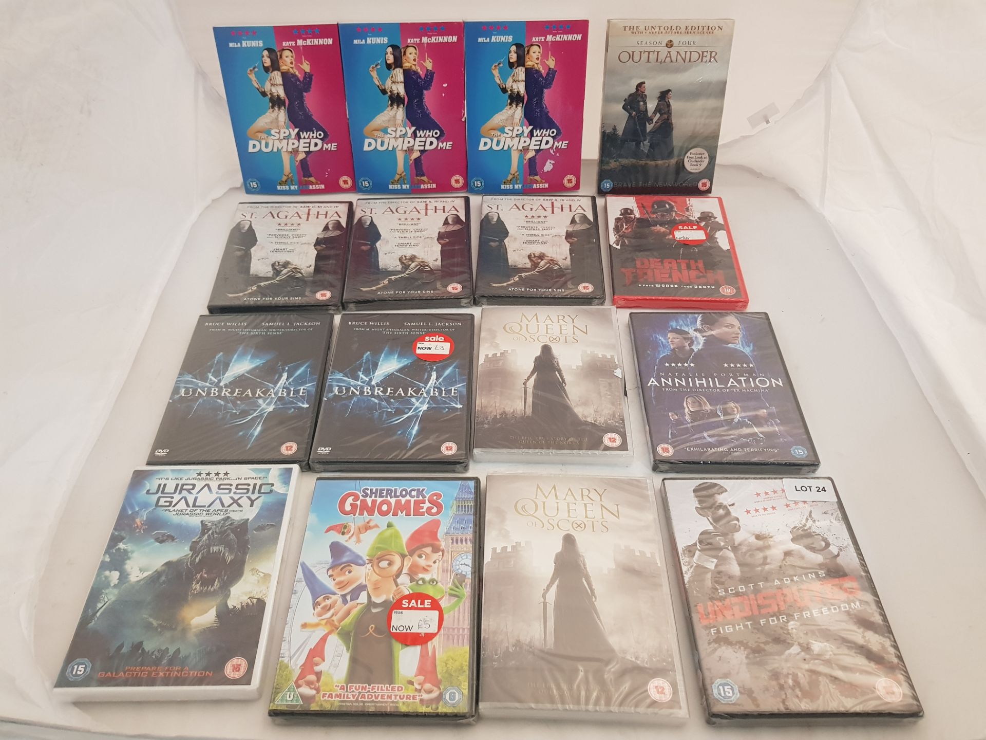 16 x Assorted DVDs to include Sherlock Gnomes, Jurassic Galaxy, Unbreakable, St. Agatha, The Sp...