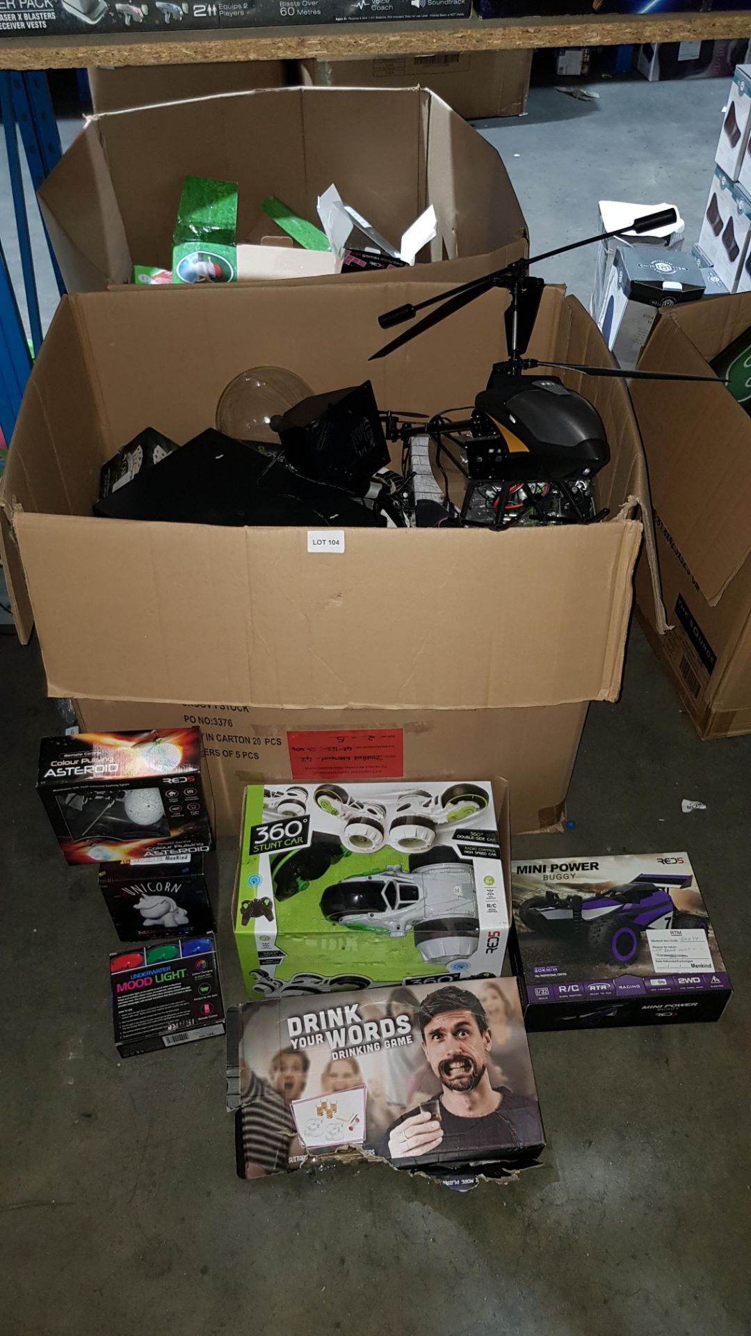 Contents Of Large Box - Mixed Lot To Include 360 Spin Stunt Car, Mini Power Buggy, Unicorn Mo...