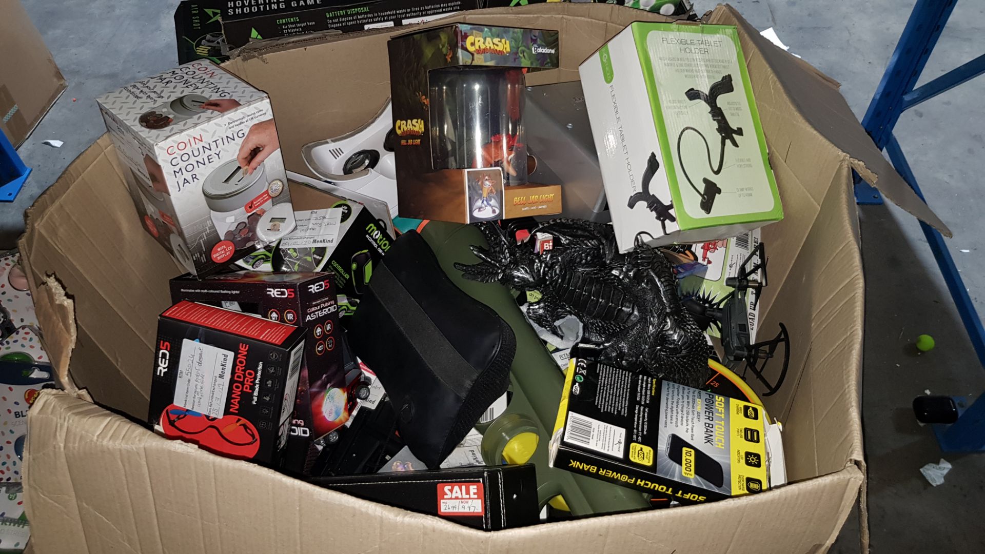 Contents Of Large Box - Mixed Lot To Include Nano Drone Pro, Crash Bandicoot Bell Jar, Flexible...