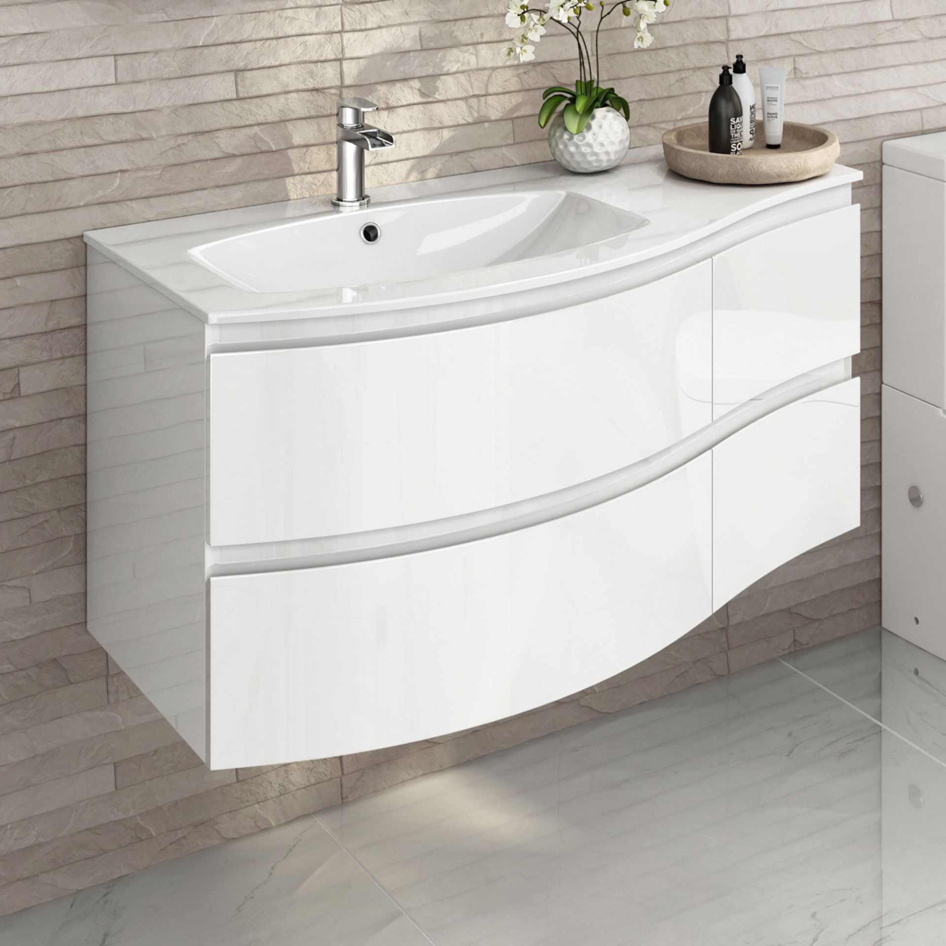 NEW & BOXED 1040mm Amelie High Gloss White Curved Vanity Unit - Left Hand - Wall Hung. RRP £1,...