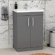 New (O194) Turin 600mm Floor Standing Vanity Sink Unit Indigo Grey Gloss 2 Door - Mid-Edge. Rrp...