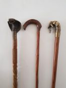 Cobra Carved Walking Stick, Hound with Pheasant in mouth and one other