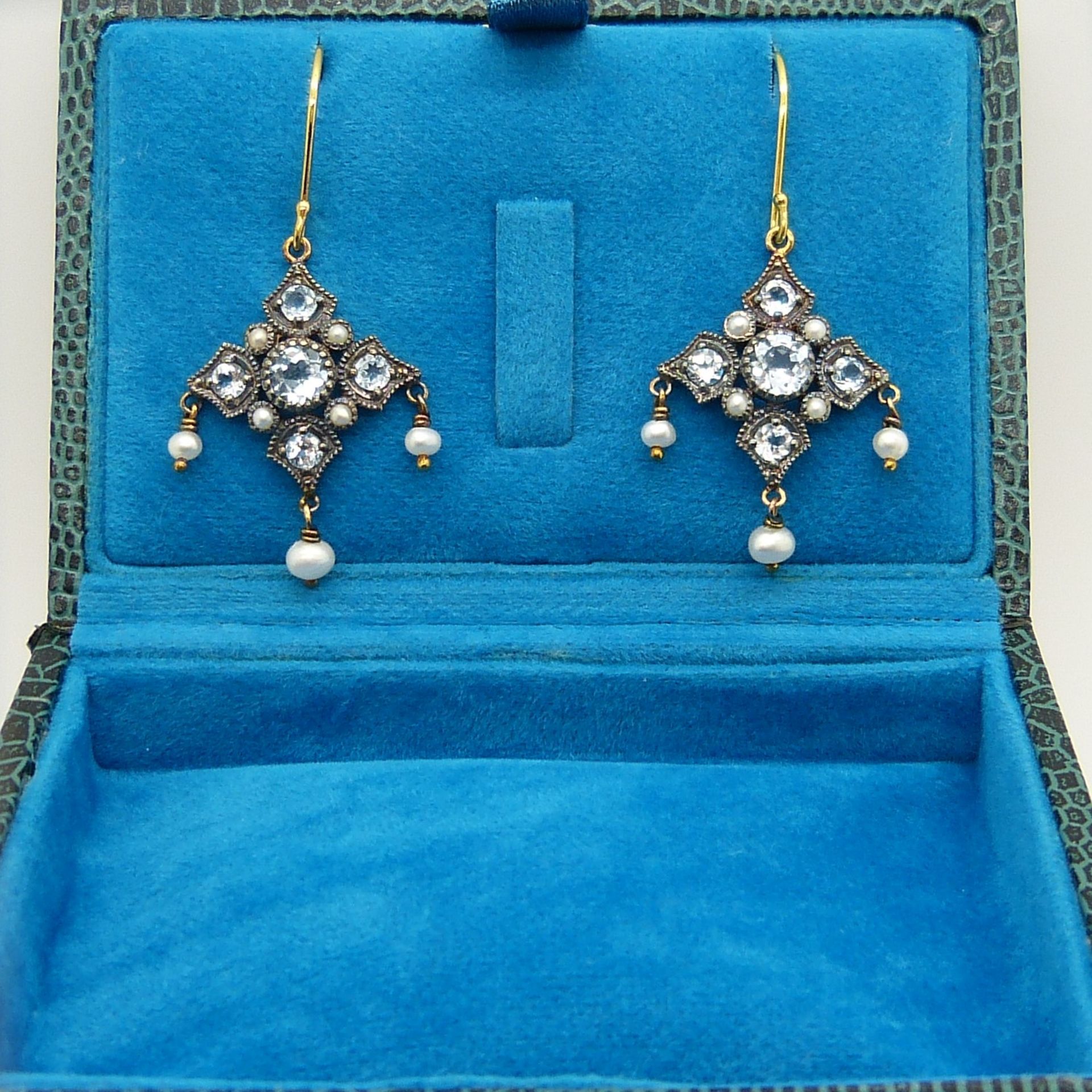 Drop earrings set with blue topaz, pearls and seed pearls in an Edwardian style, with stylish box - Image 2 of 5