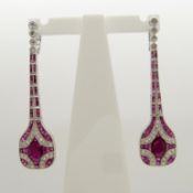 Long platinum Art Deco-style drop earrings set with rubies and diamonds