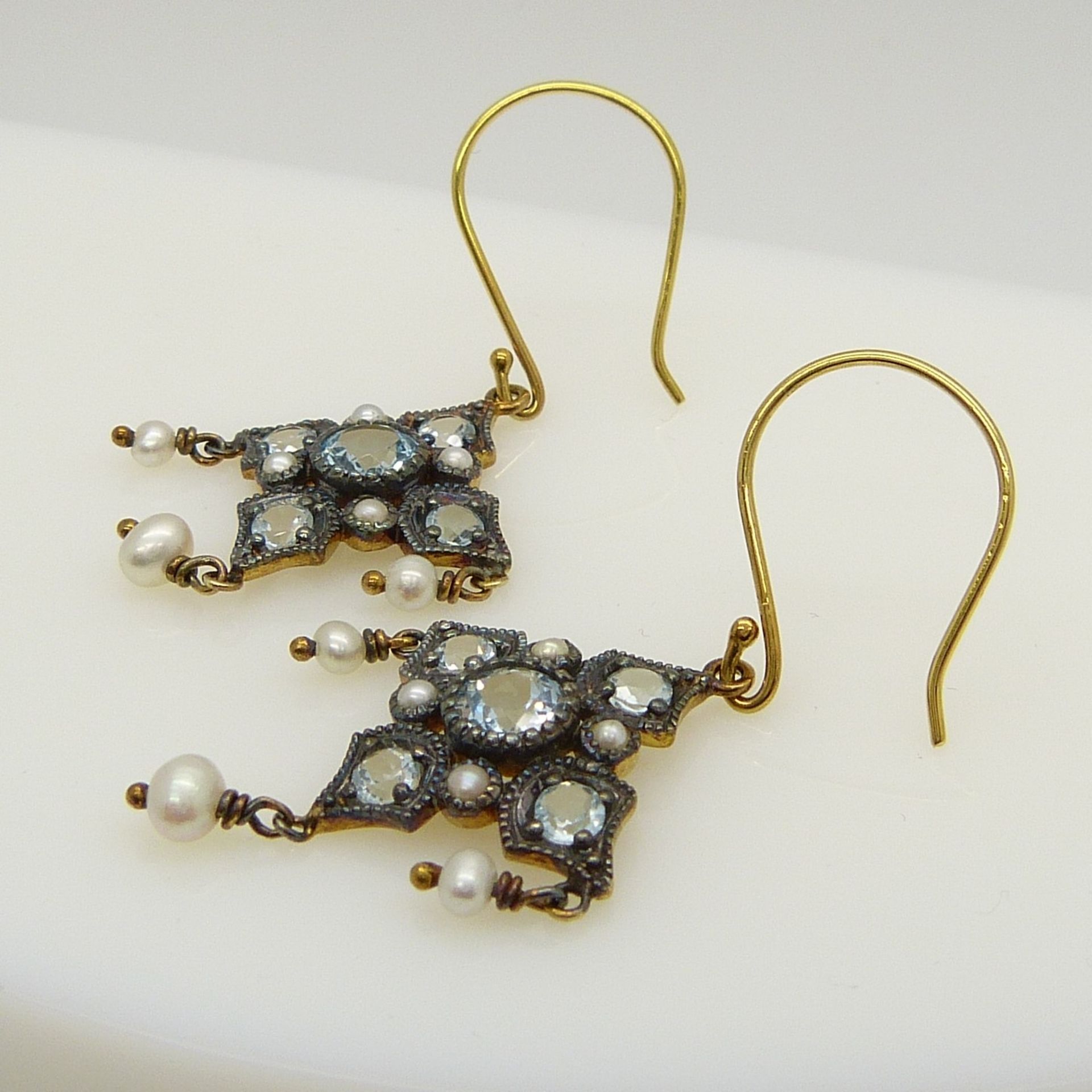 Drop earrings set with blue topaz, pearls and seed pearls in an Edwardian style, with stylish box - Image 4 of 5