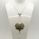 A silver plique-à-jour fairy necklace set with a cultured pearl and marcasite stones