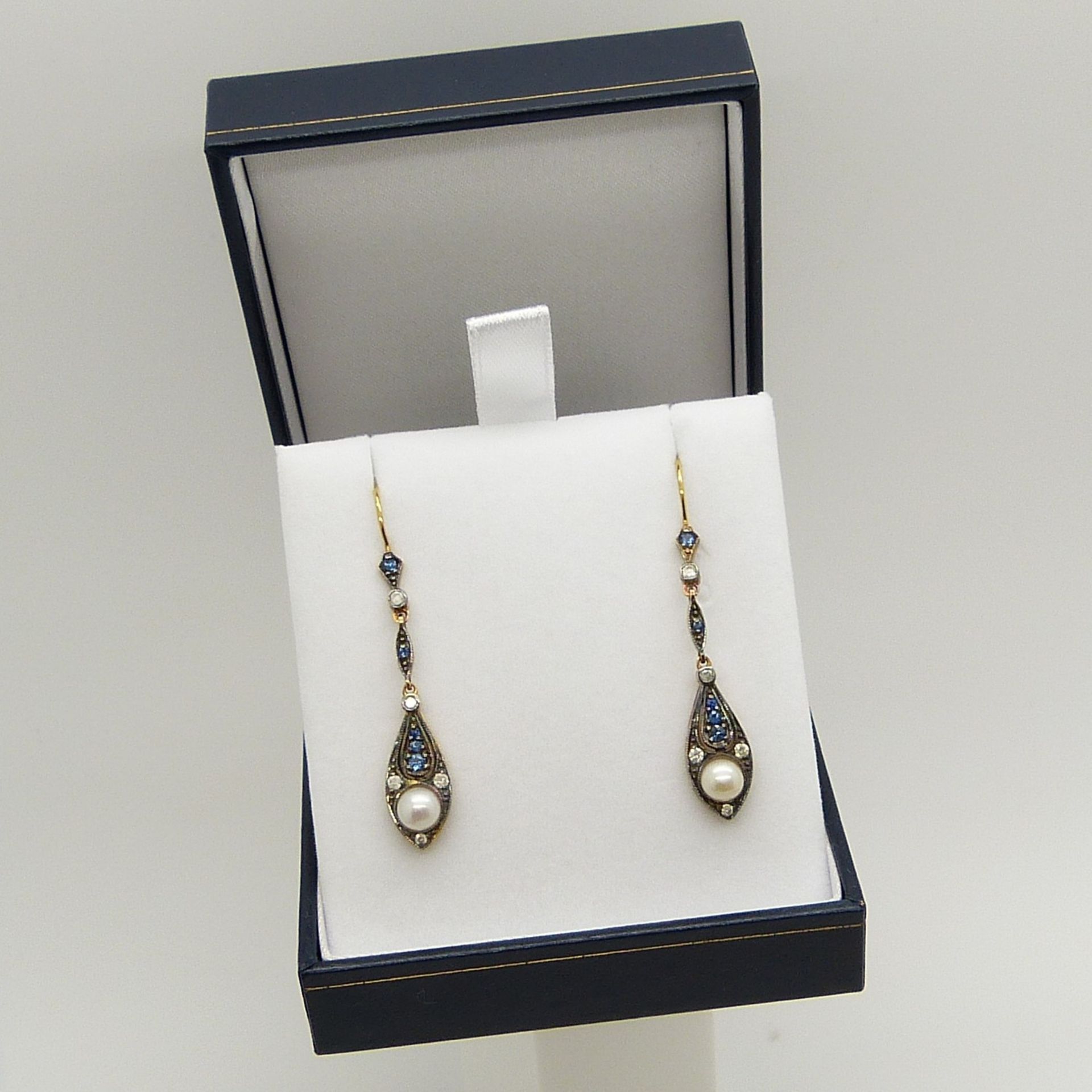 A boxed pair of vintage-style cultured pearl, sapphire and diamond drop earrings - Image 4 of 8