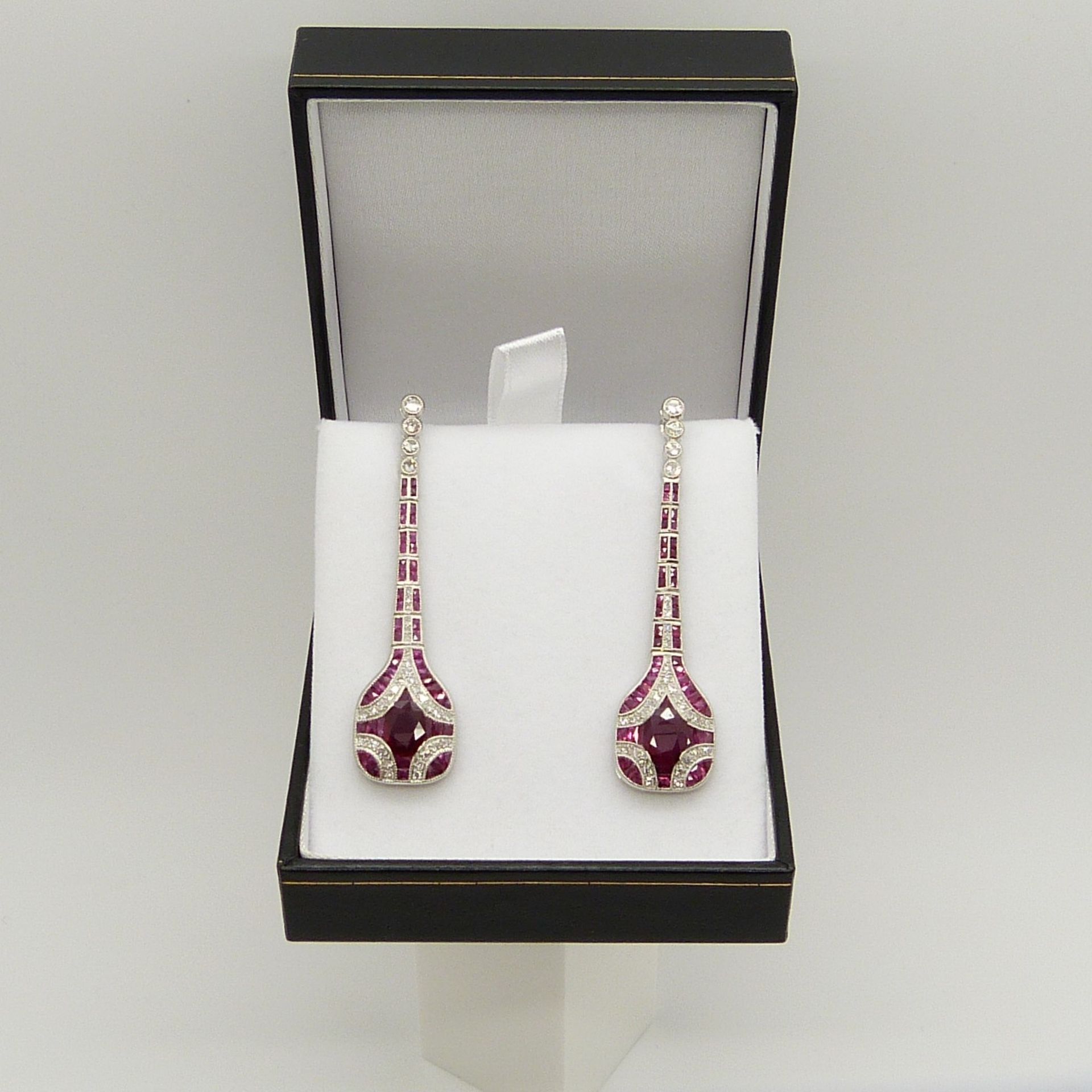 Long platinum Art Deco-style drop earrings set with rubies and diamonds - Image 4 of 9