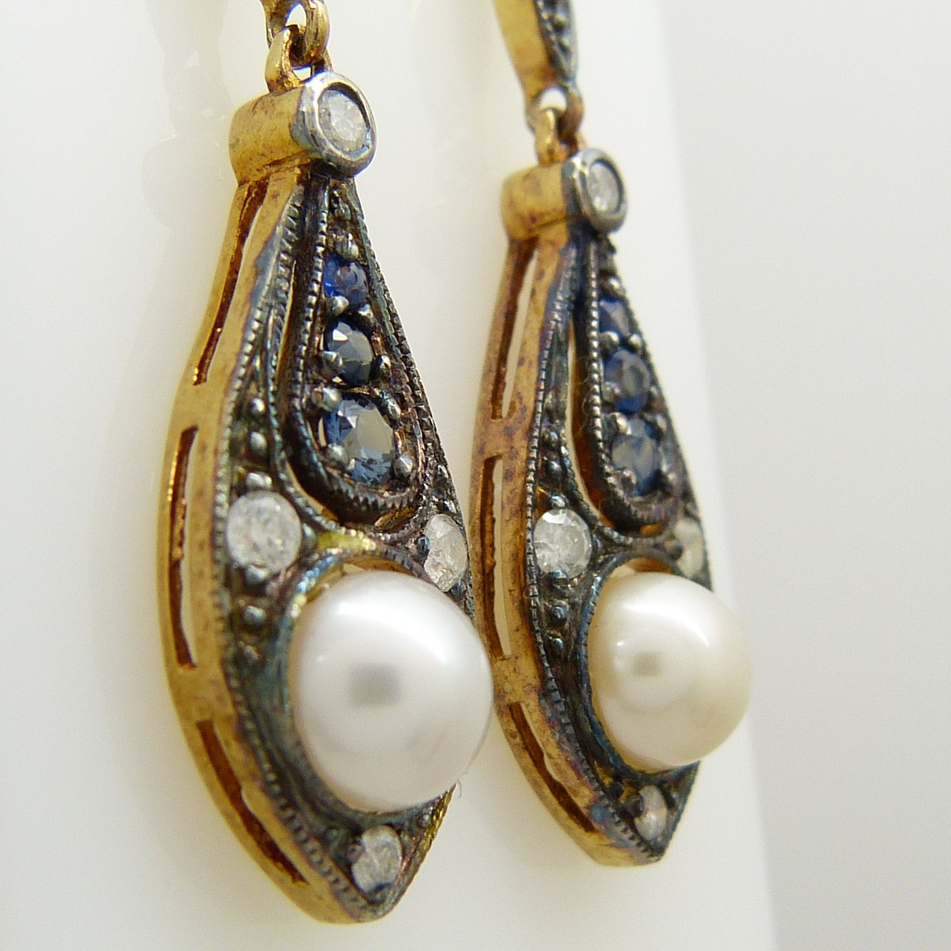 A boxed pair of vintage-style cultured pearl, sapphire and diamond drop earrings - Image 5 of 8