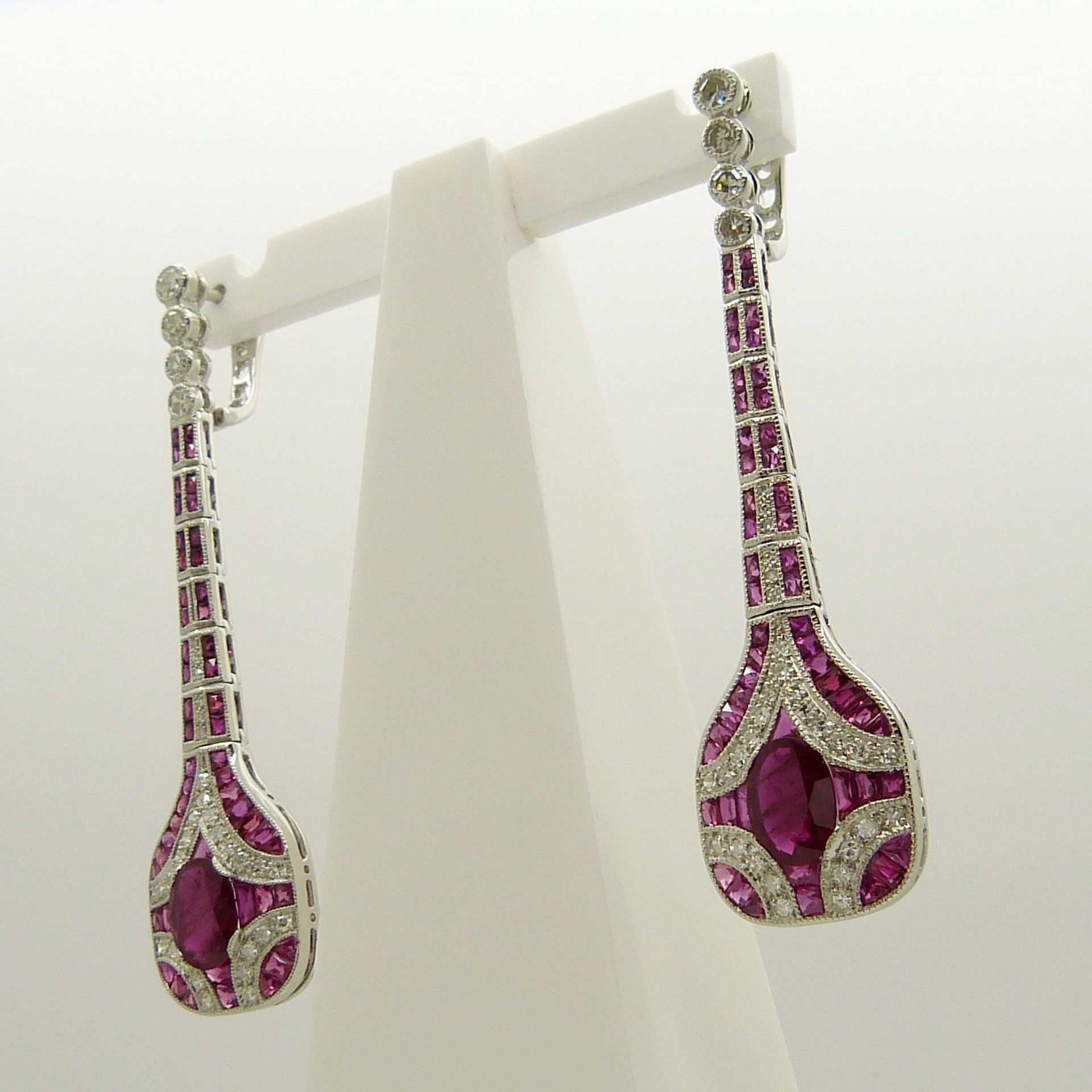Long platinum Art Deco-style drop earrings set with rubies and diamonds - Image 7 of 9