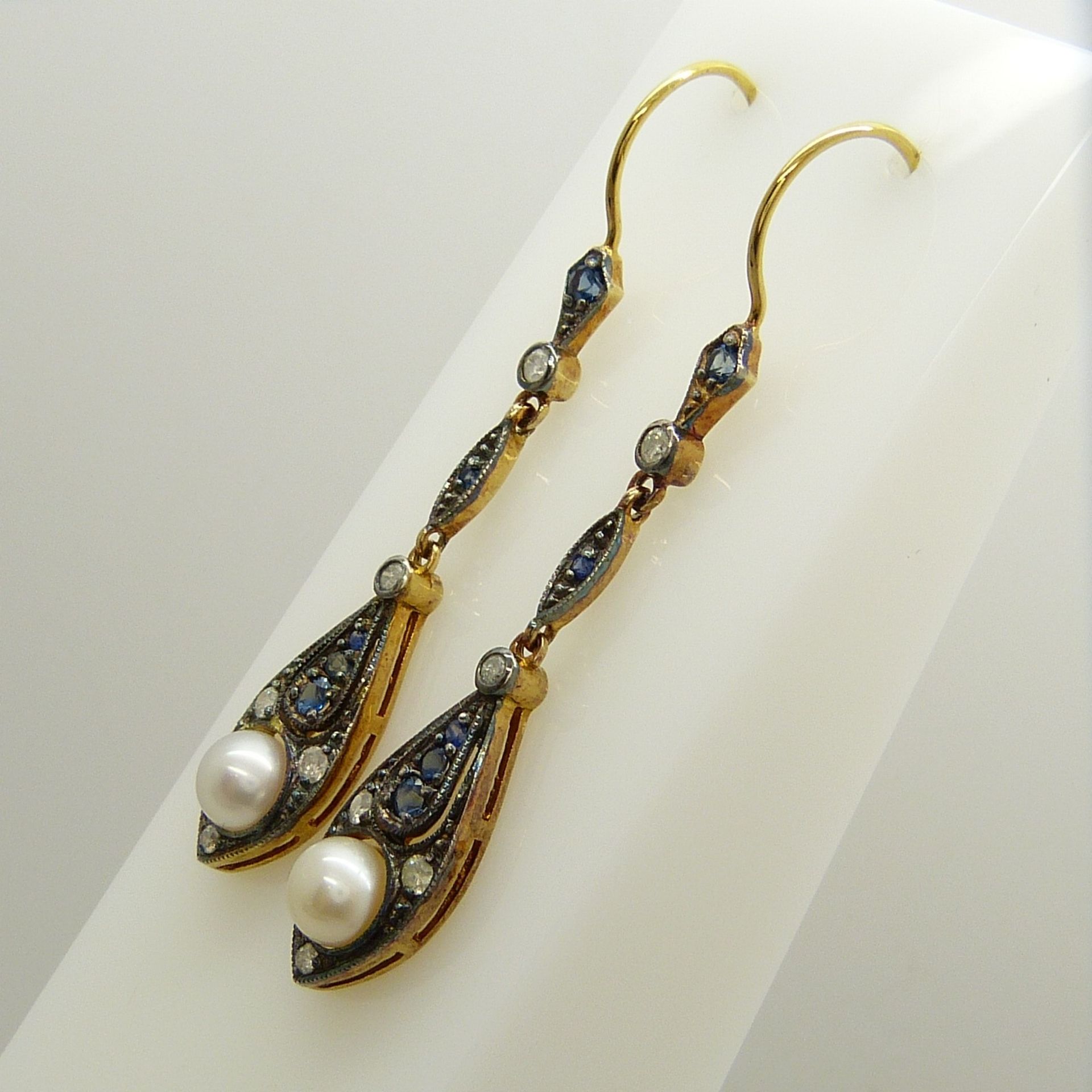 A boxed pair of vintage-style cultured pearl, sapphire and diamond drop earrings - Image 6 of 8