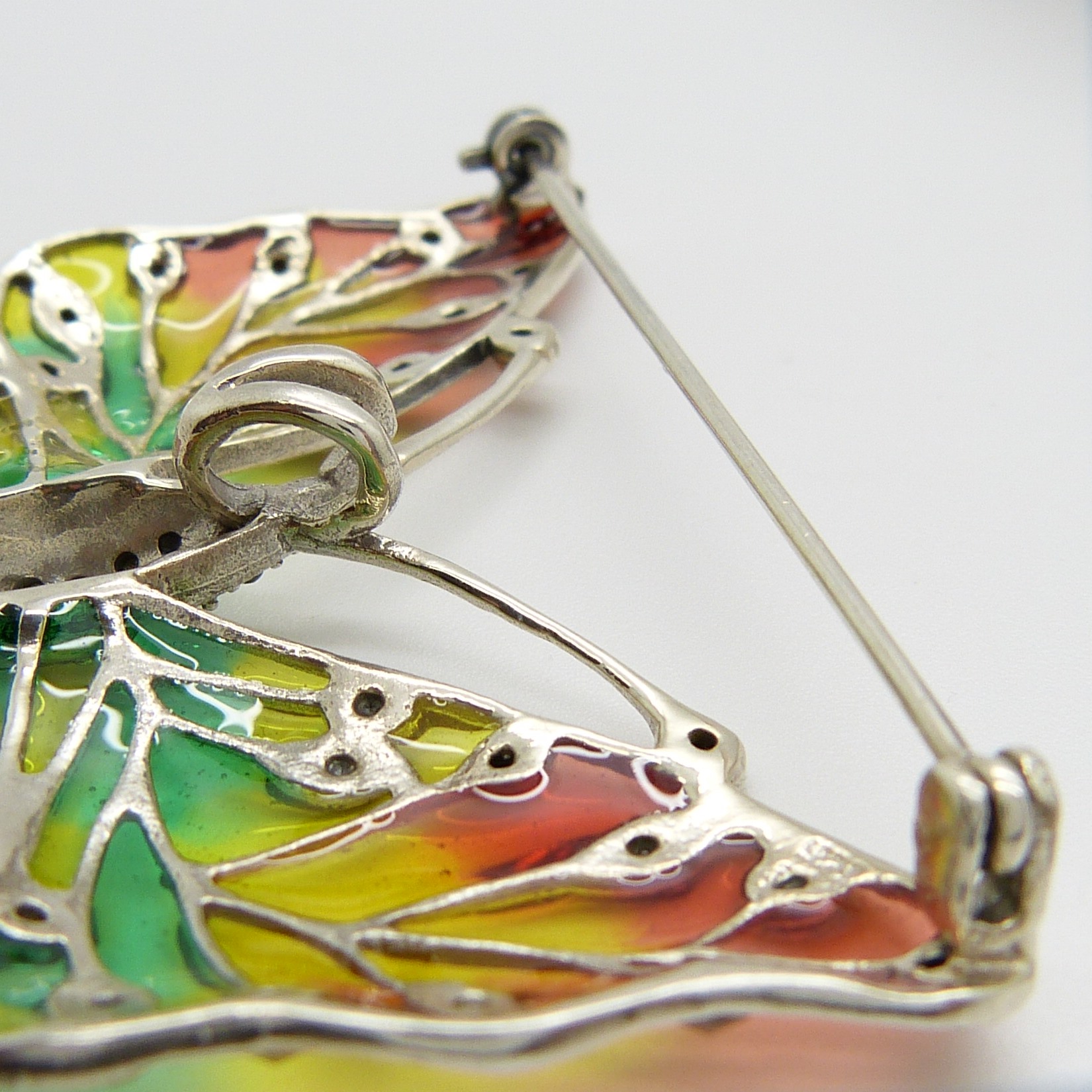 A large silver plique-à-jour butterfly brooch/pendant set with marcasite stones - Image 3 of 4