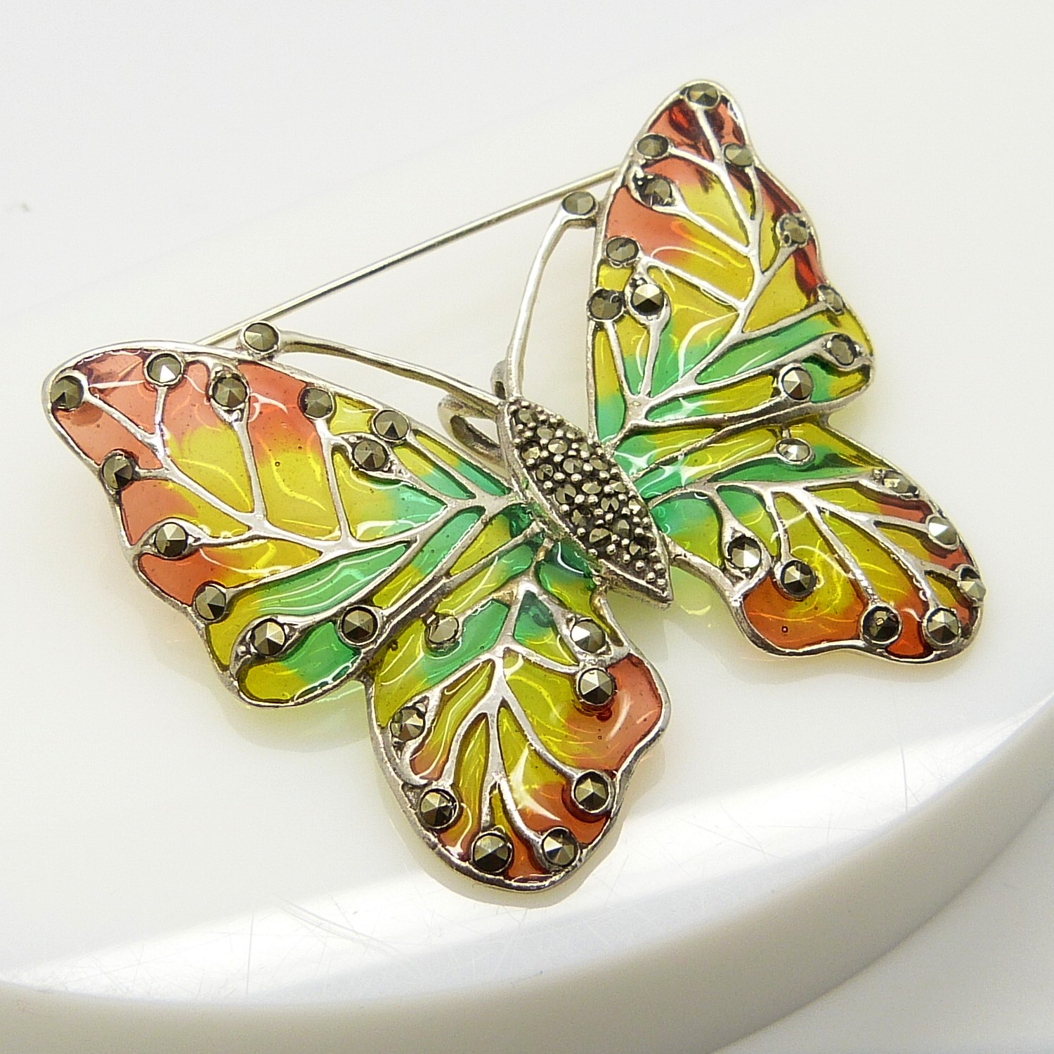 A large silver plique-à-jour butterfly brooch/pendant set with marcasite stones - Image 2 of 4