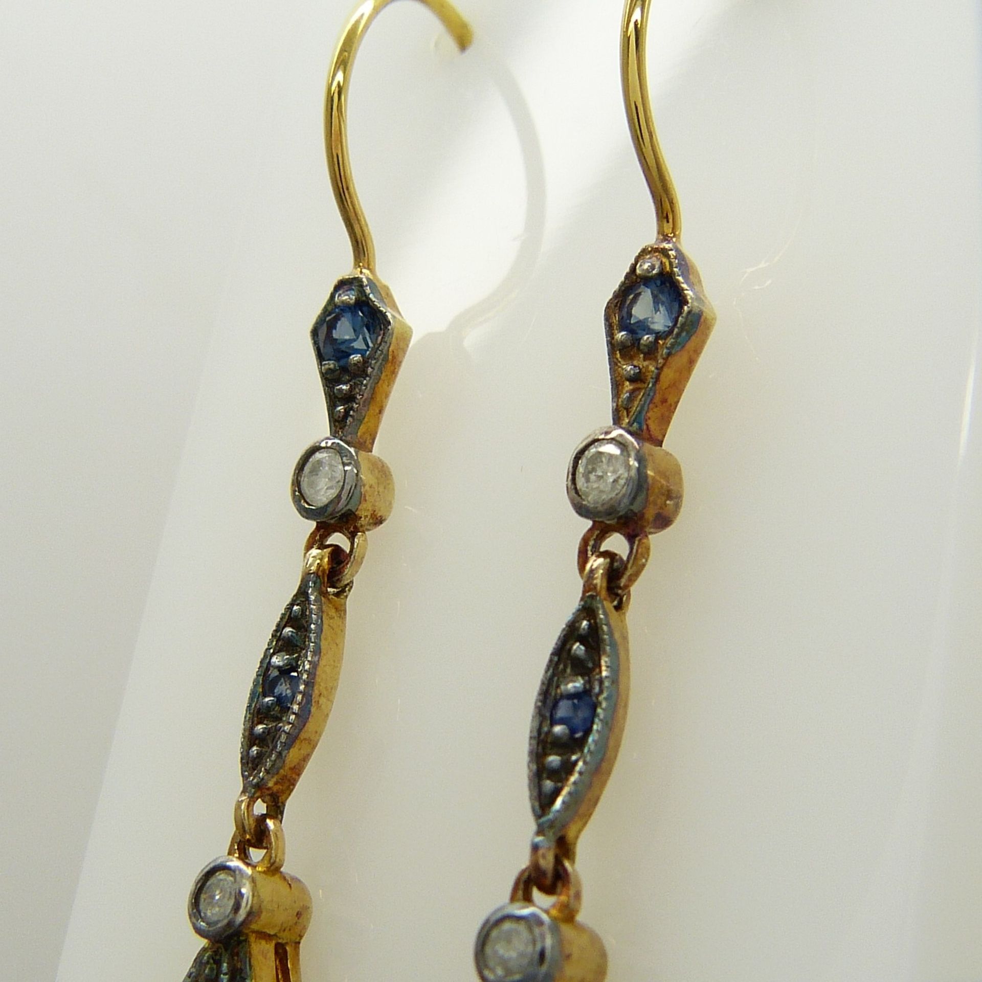 A boxed pair of vintage-style cultured pearl, sapphire and diamond drop earrings - Image 7 of 8