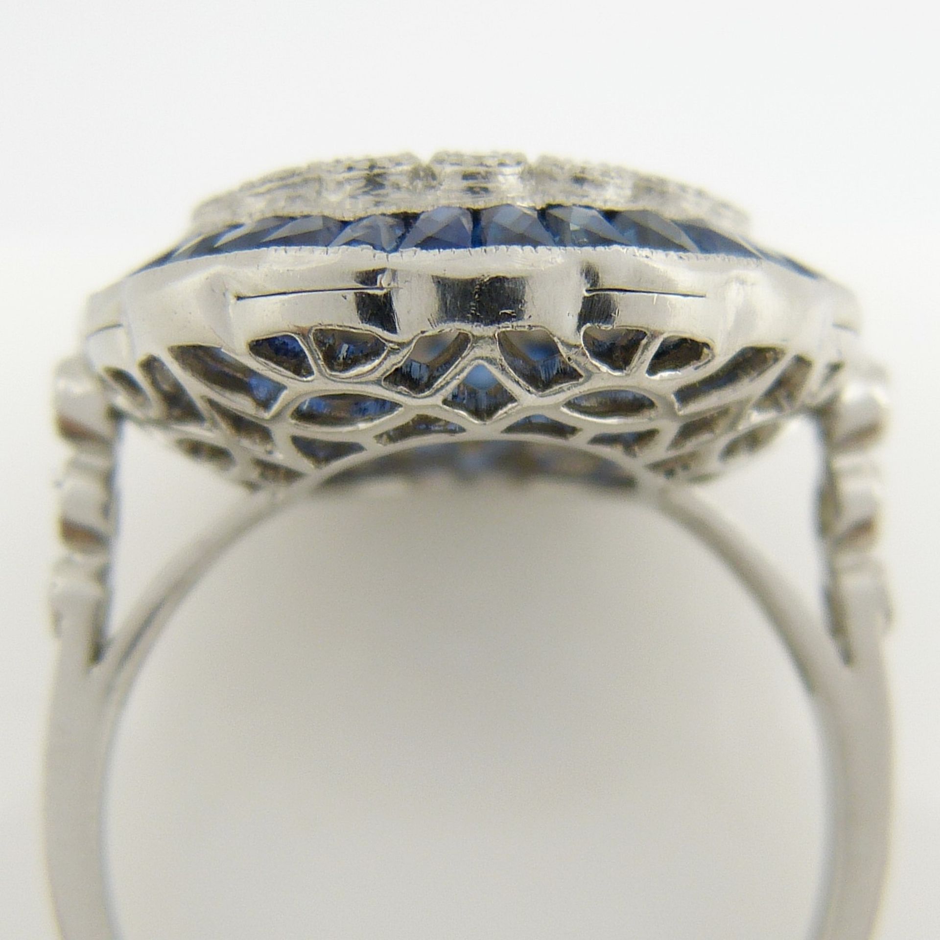 A large platinum floral-style diamond and sapphire cocktail ring - Image 7 of 7
