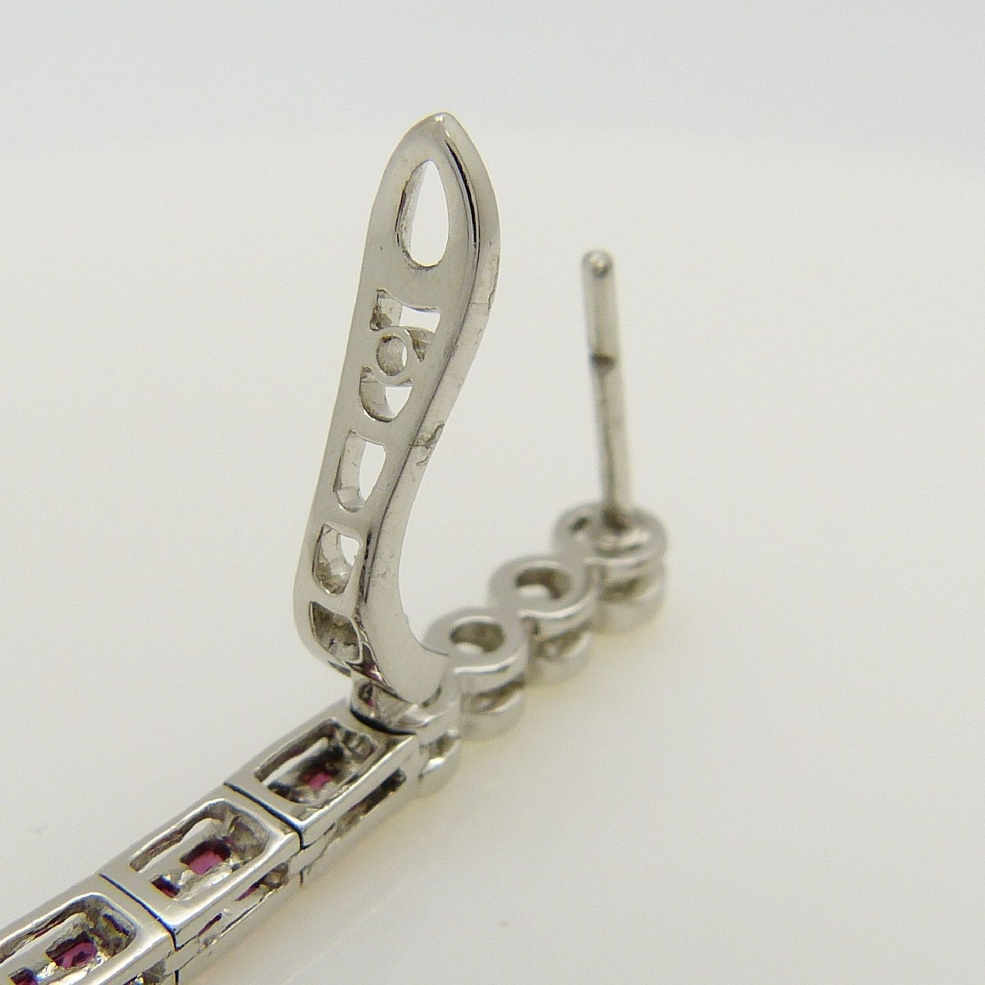Long platinum Art Deco-style drop earrings set with rubies and diamonds - Image 8 of 9