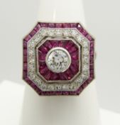 Old-cut diamond and ruby Victorian-style octagonal dress ring, in platinum