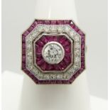 Old-cut diamond and ruby Victorian-style octagonal dress ring, in platinum