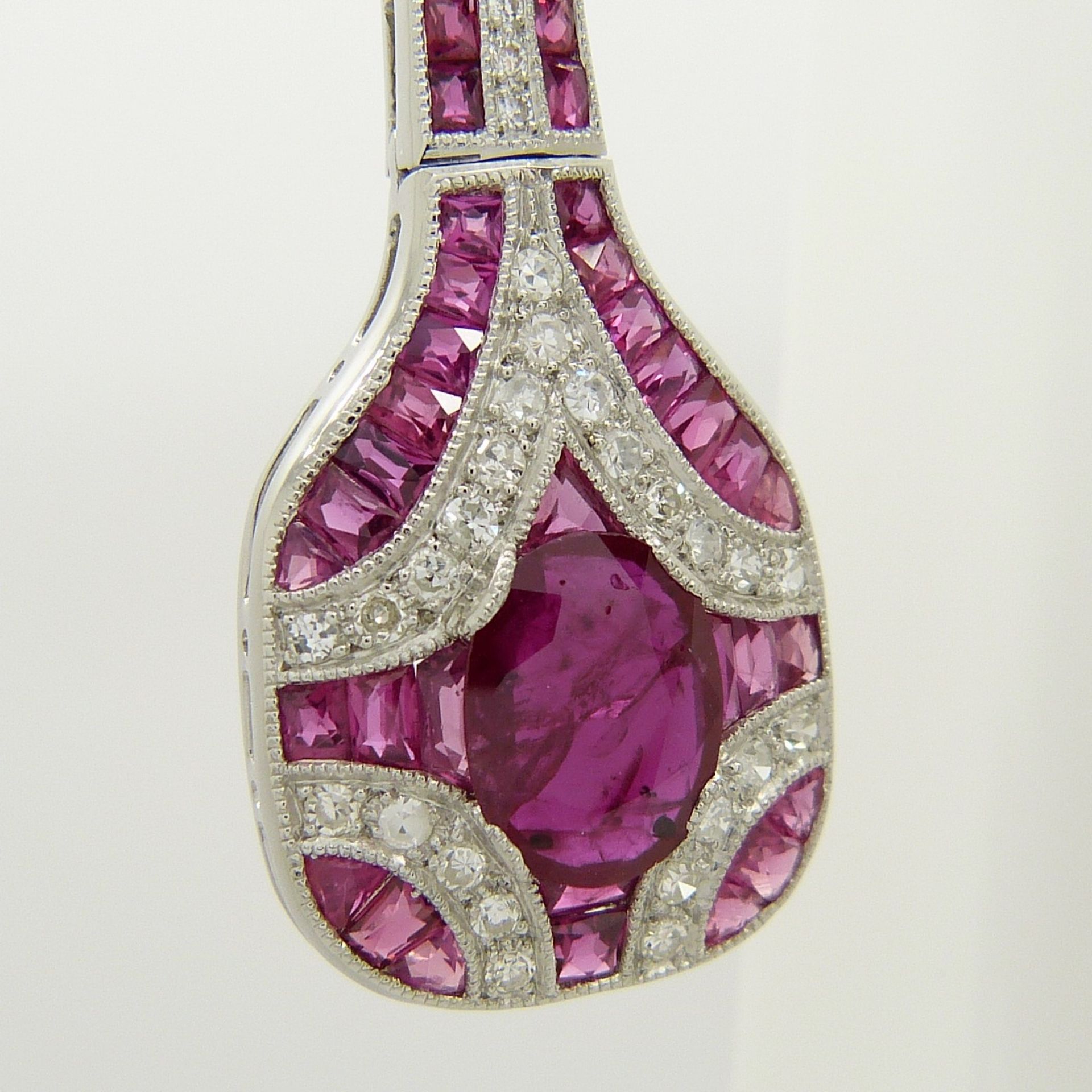 Long platinum Art Deco-style drop earrings set with rubies and diamonds - Image 5 of 9