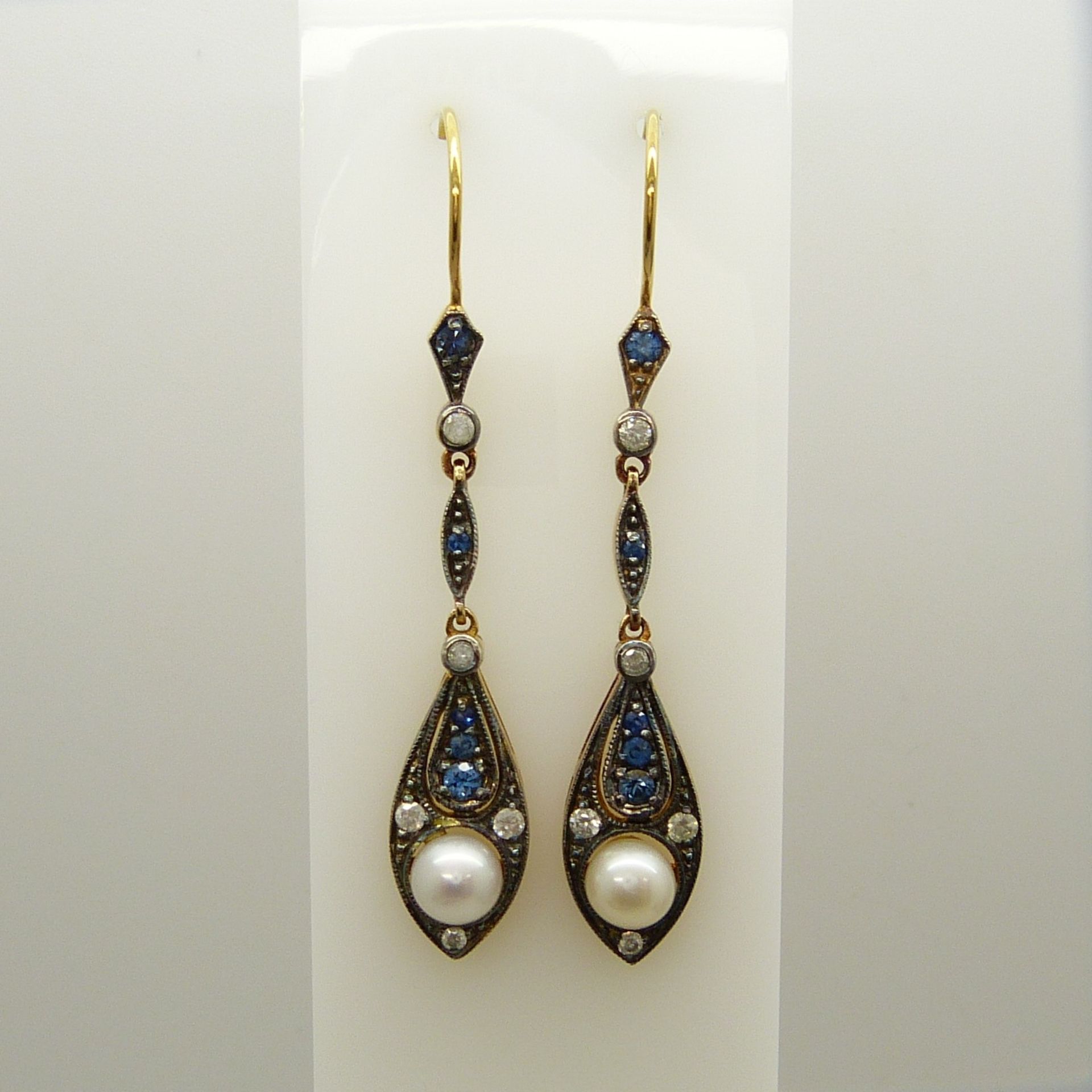 A boxed pair of vintage-style cultured pearl, sapphire and diamond drop earrings - Image 2 of 8